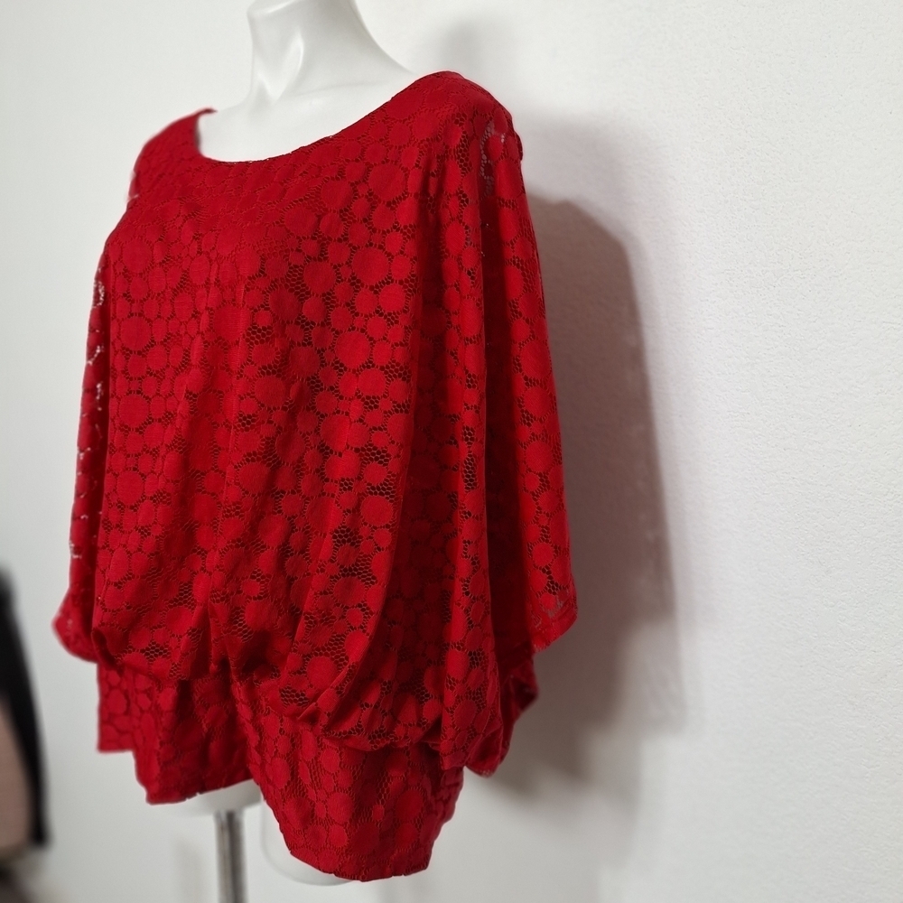 Valerie Stevens Romantic Feminine Red Lace Statement Wide Sleeve Blouse Size 2X - Picture 2 of 10